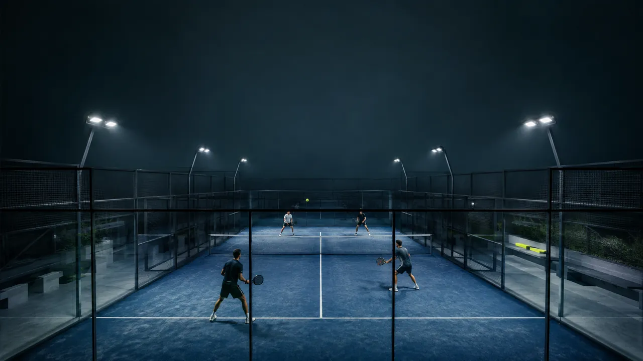 A padel match under floodlights at night